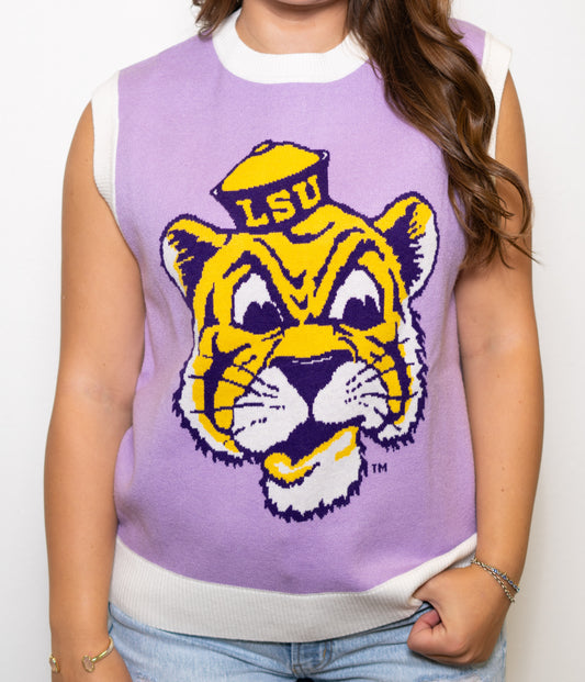 **PRE-ORDER ONLY** LSU Vintage Tiger (Licensed) | Women's Jacquard Sleeveless Sweater (Lavender)
