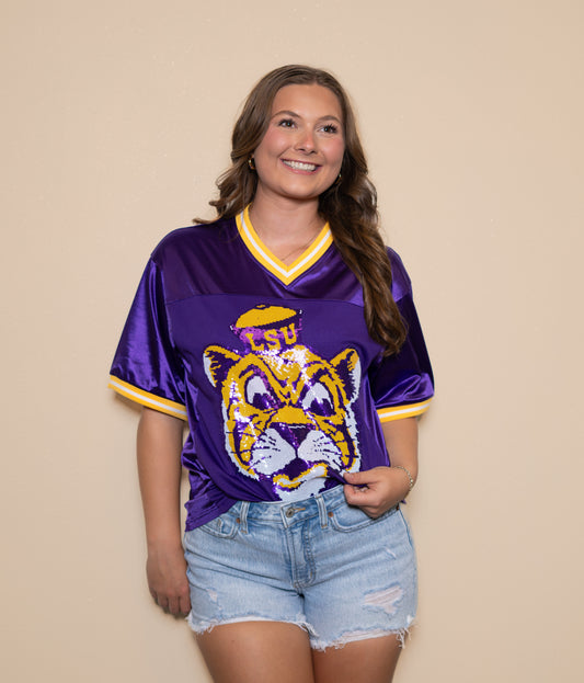 **PRE-ORDER** Wholesale | LSU Vintage Tiger (Licensed) | Women's Sequin Design Football Jersey (Purple)