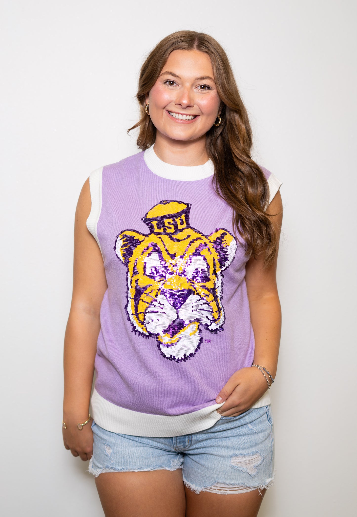 **PRE-ORDER ONLY** LSU Vintage Tiger (Licensed) | Women's Sequin Design Sleeveless Sweater (Lavender)