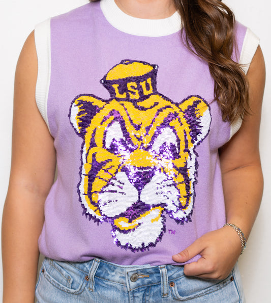 **PRE-ORDER ONLY** LSU Vintage Tiger (Licensed) | Women's Sequin Design Sleeveless Sweater (Lavender)