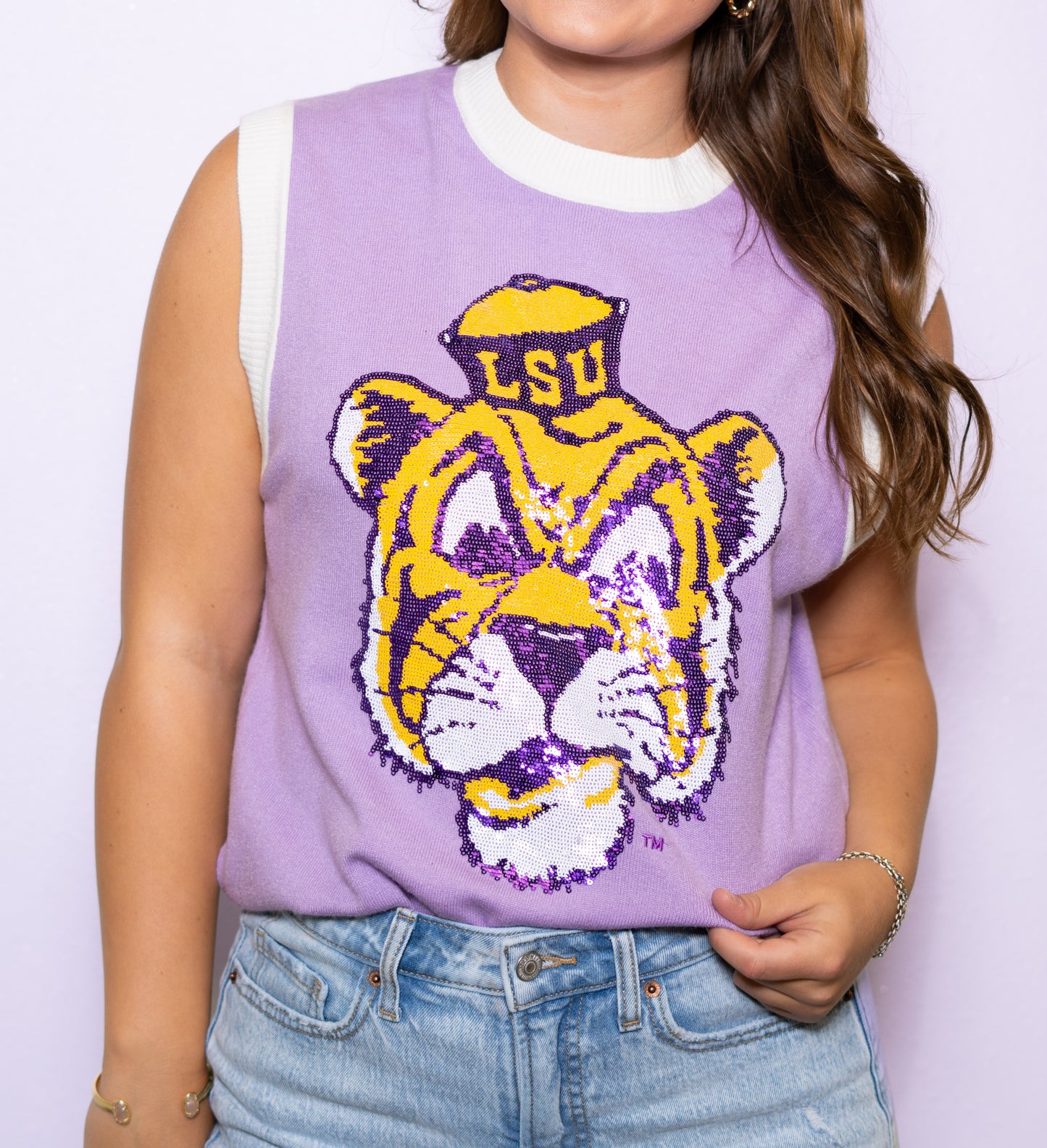 **PRE-ORDER ONLY** LSU Vintage Tiger (Licensed) | Women's Sequin Design Sleeveless Sweater (Lavender)