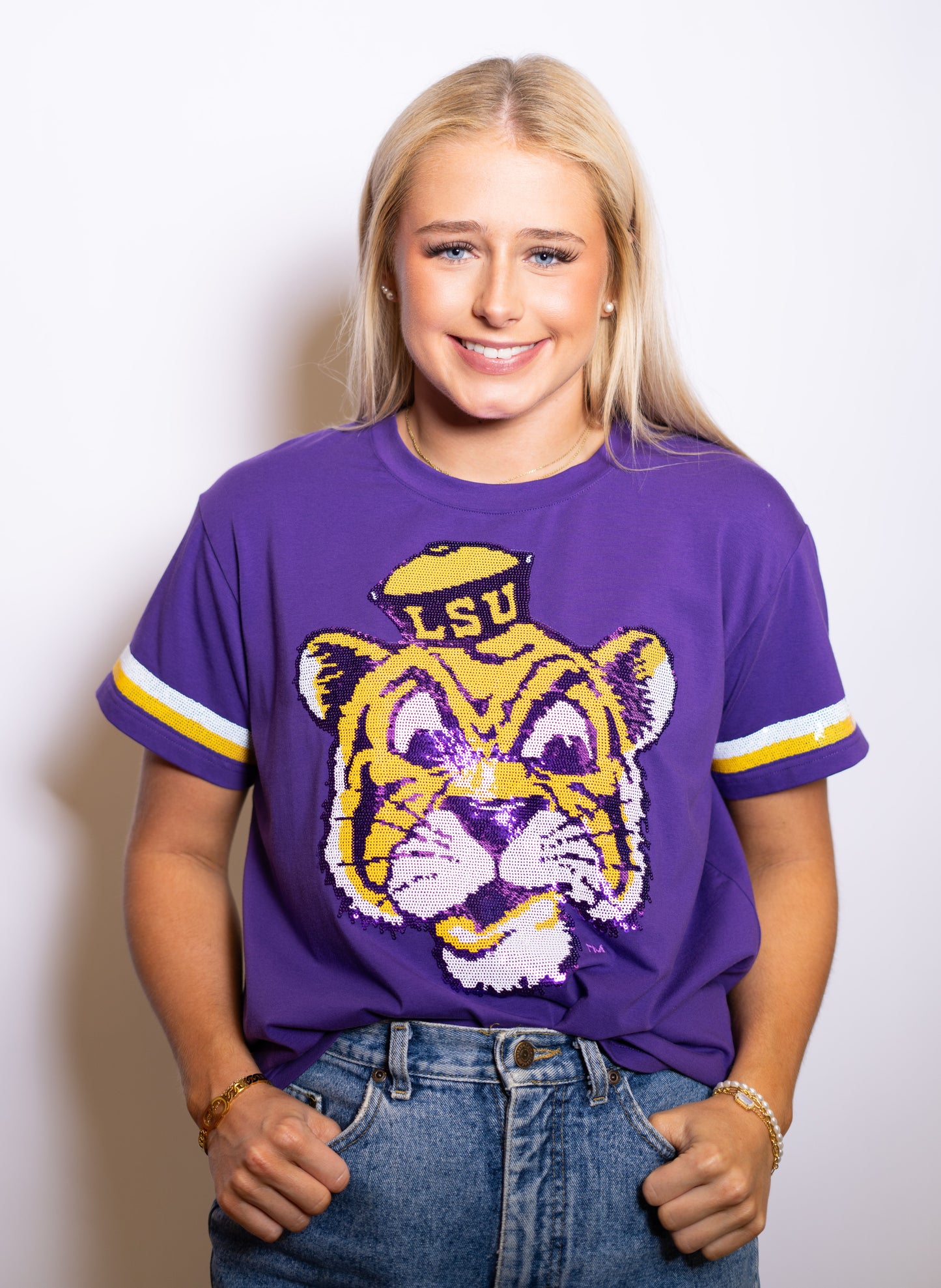 LSU VINTAGE TIGER (Licensed) | Women's Sequin Design Tee (Purple)