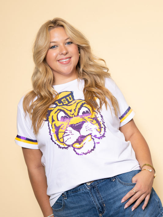 LSU VINTAGE TIGER (Licensed) | Women's Sequin Design Tee (White)