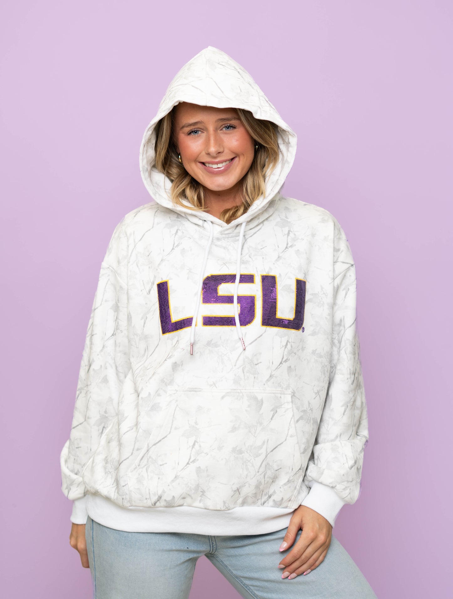 **PRE-ORDER ONLY** Wholesale | LSU (Licensed) | Women's Sequin Design Hoodie (White Camo)