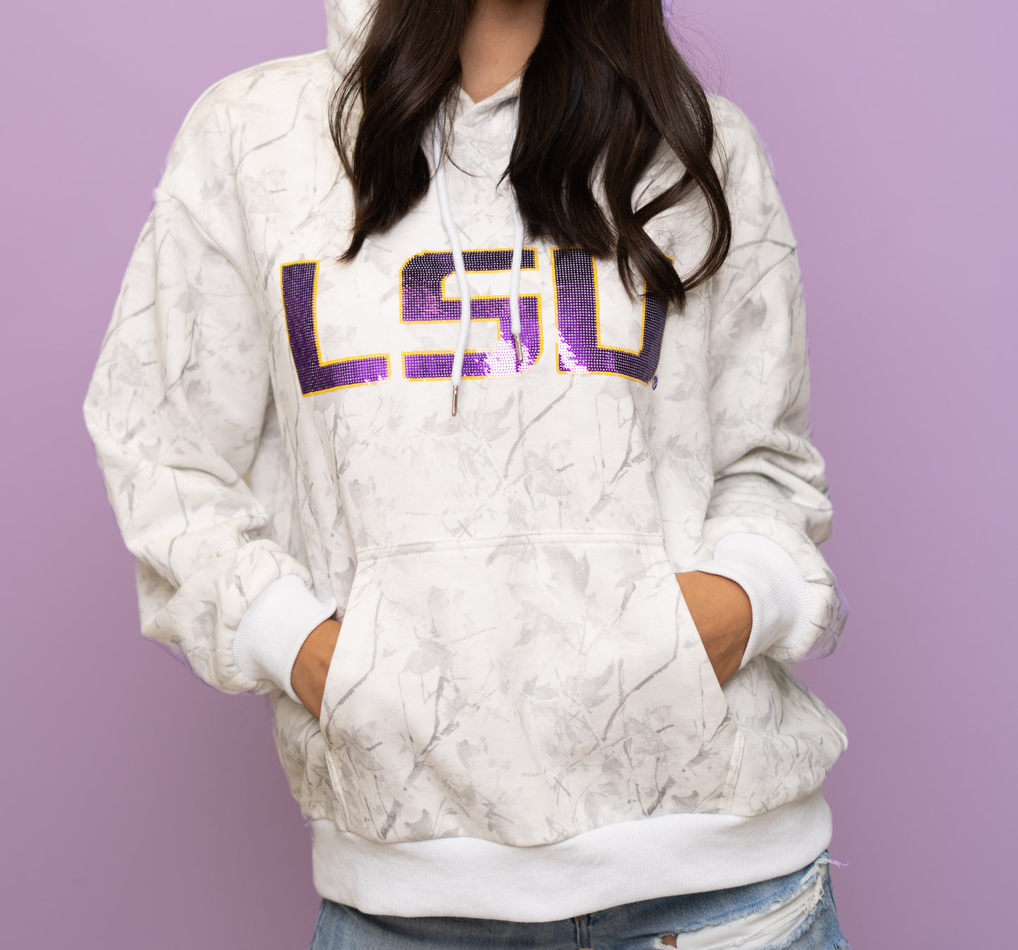 **PRE-ORDER ONLY** Wholesale | LSU (Licensed) | Women's Sequin Design Hoodie (White Camo)