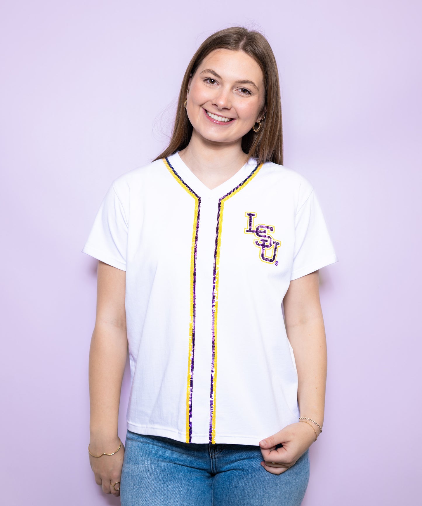 Wholesale | LSU Geaux Tigers (LICENSED) | Women's Front & Back Sequin Design Baseball Jersey V-Neck (White)
