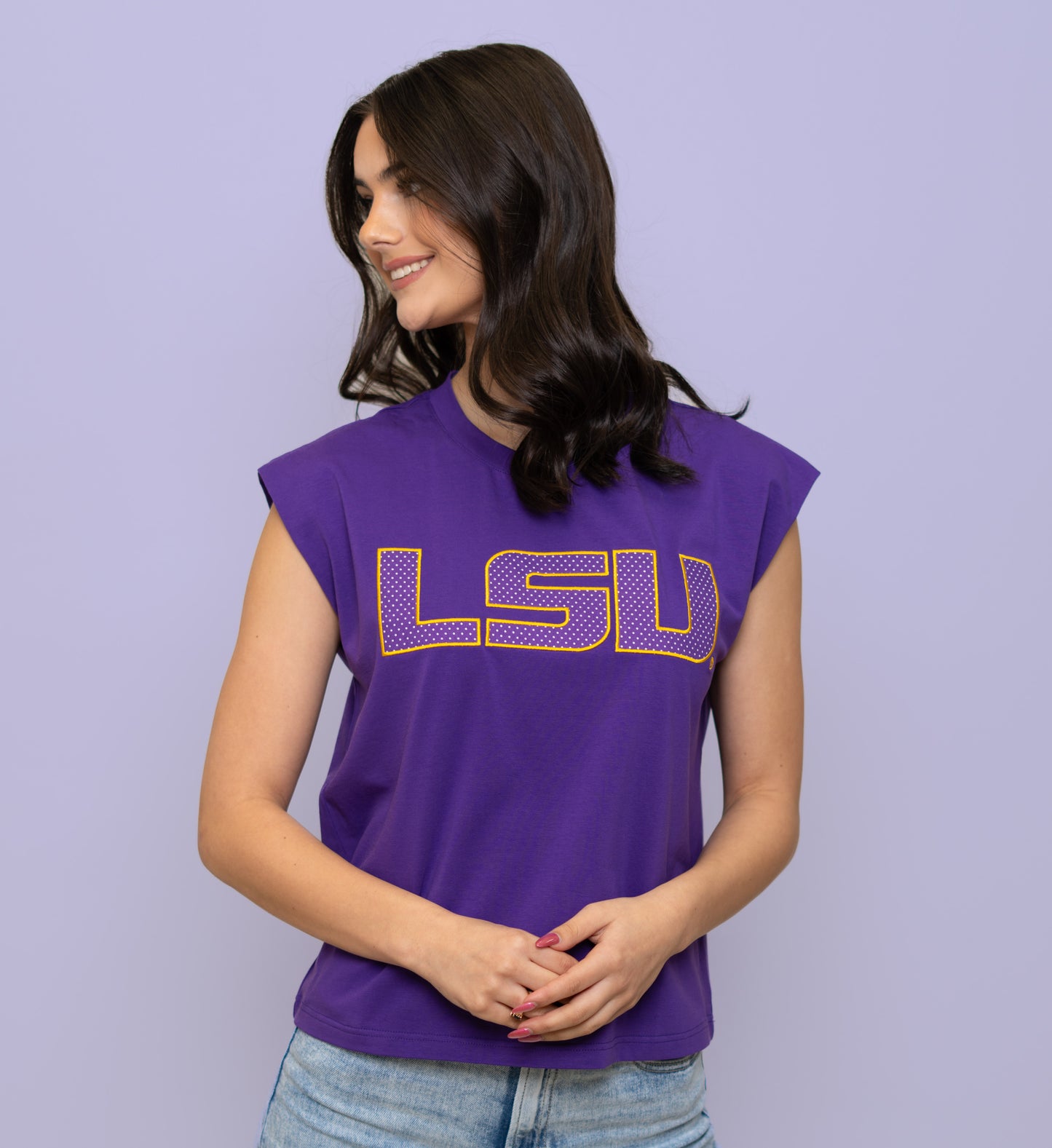LSU (Licensed) | Women's Polka Dot Appliqué Embroidery Boxy Tank (Purple)