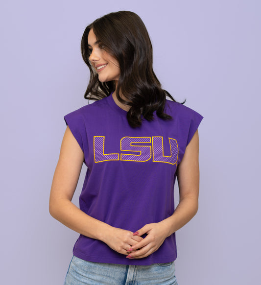**PRE-ORDER ONLY** Wholesale | LSU (Licensed) | Women's Polka Dot Appliqué Embroidery Boxy Tank (Purple)