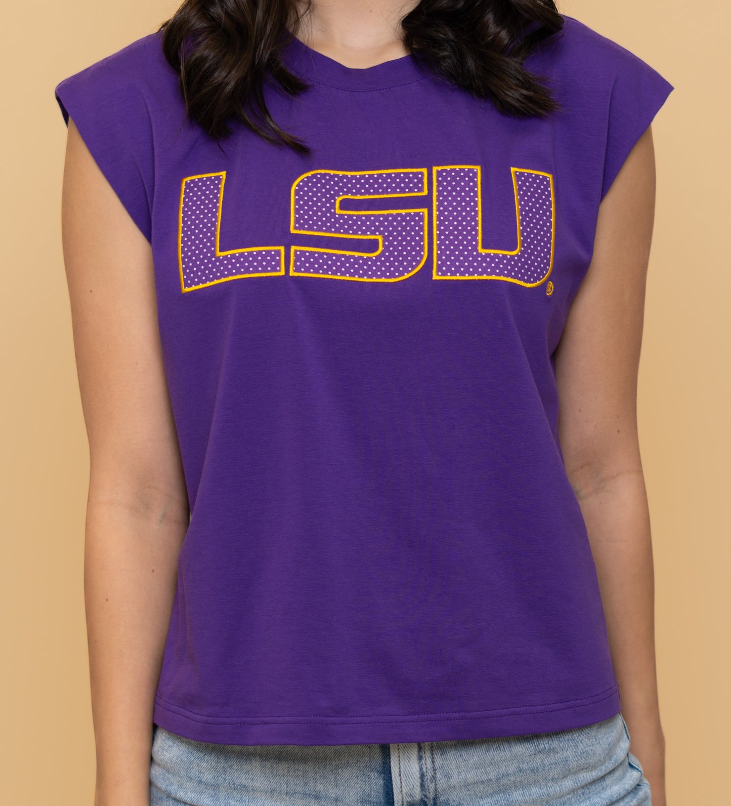 LSU (Licensed) | Women's Polka Dot Appliqué Embroidery Boxy Tank (Purple)