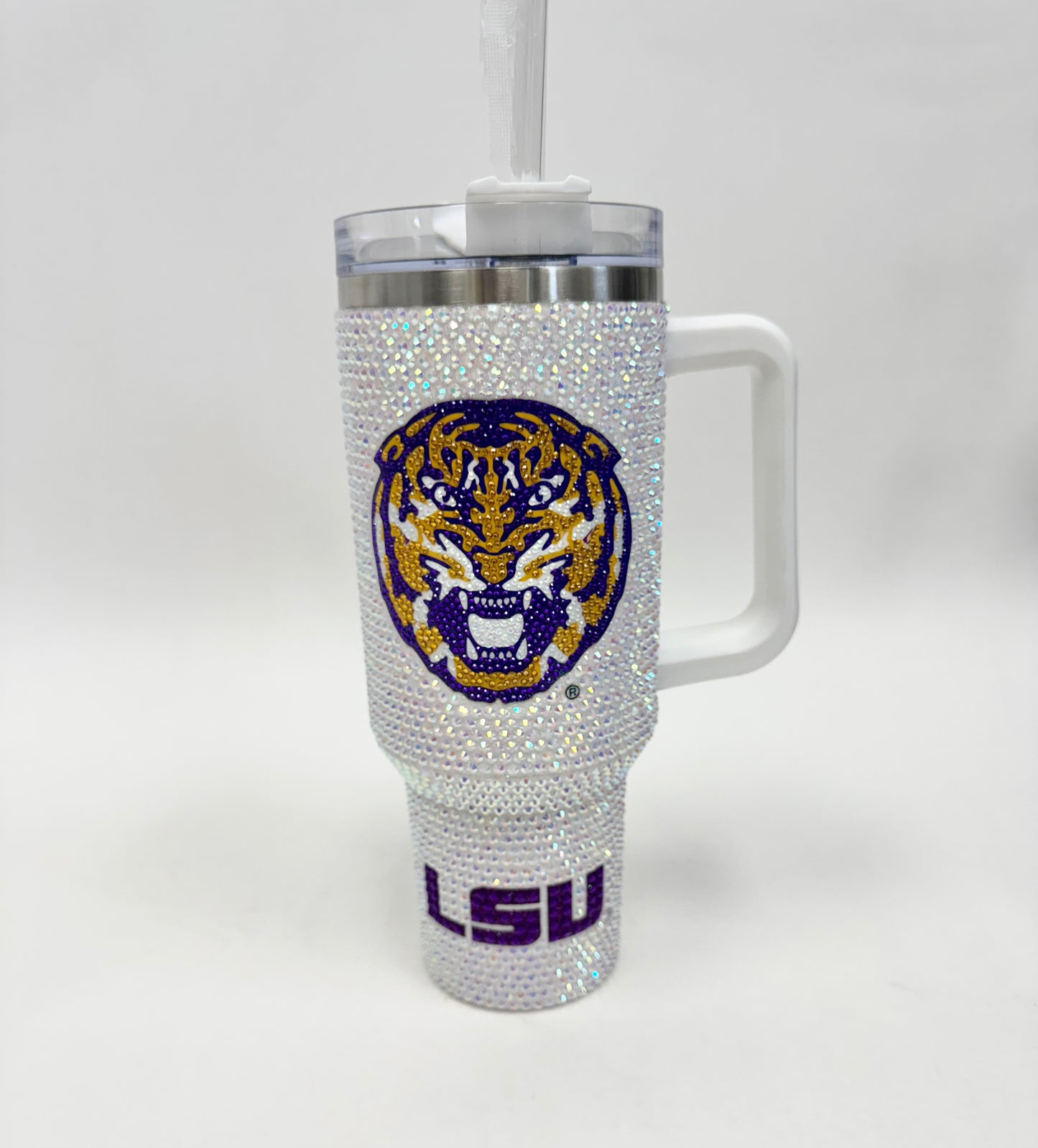 **PRE-ORDER ONLY** LSU Tigers (Licensed) | Stainless Steel Rhinestone Cup (Iridescent White)