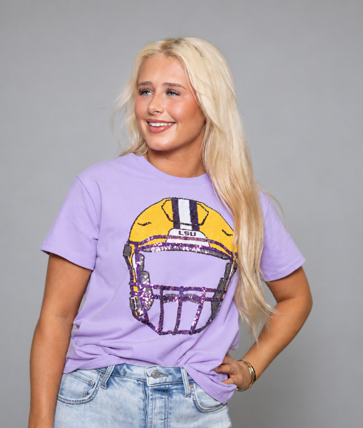 LSU Front & Back Helmet (Licensed) | Women's Sequin Design Tee (Lavender)