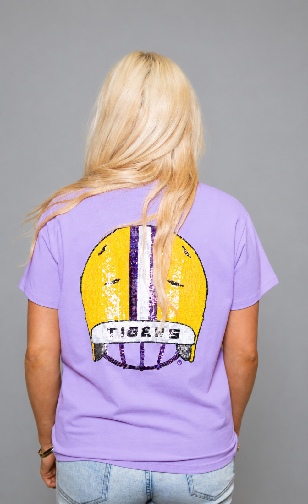 LSU Front & Back Helmet (Licensed) | Women's Sequin Design Tee (Lavender)
