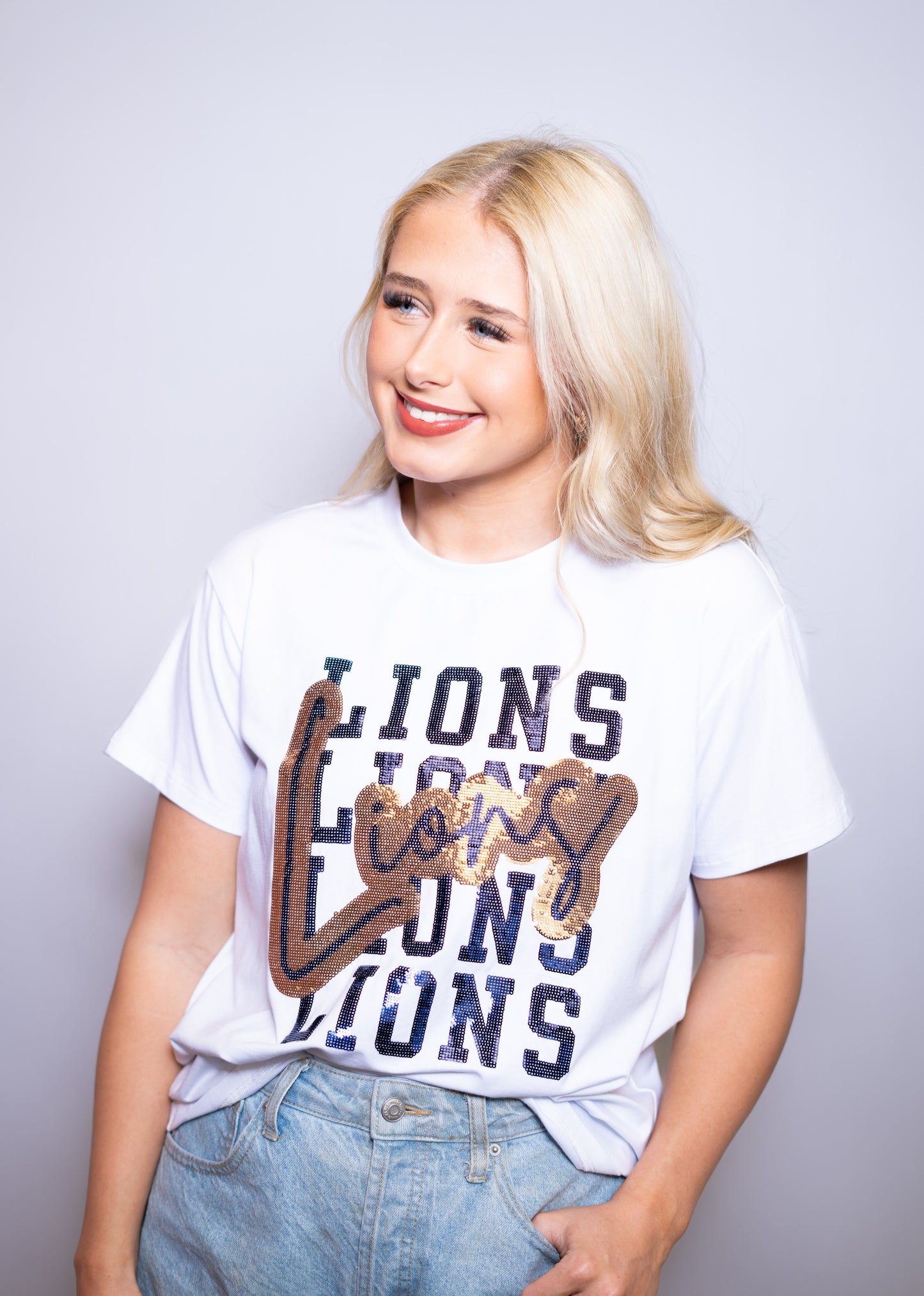 Covington Lions | Women's Sequin Design Tee (White)