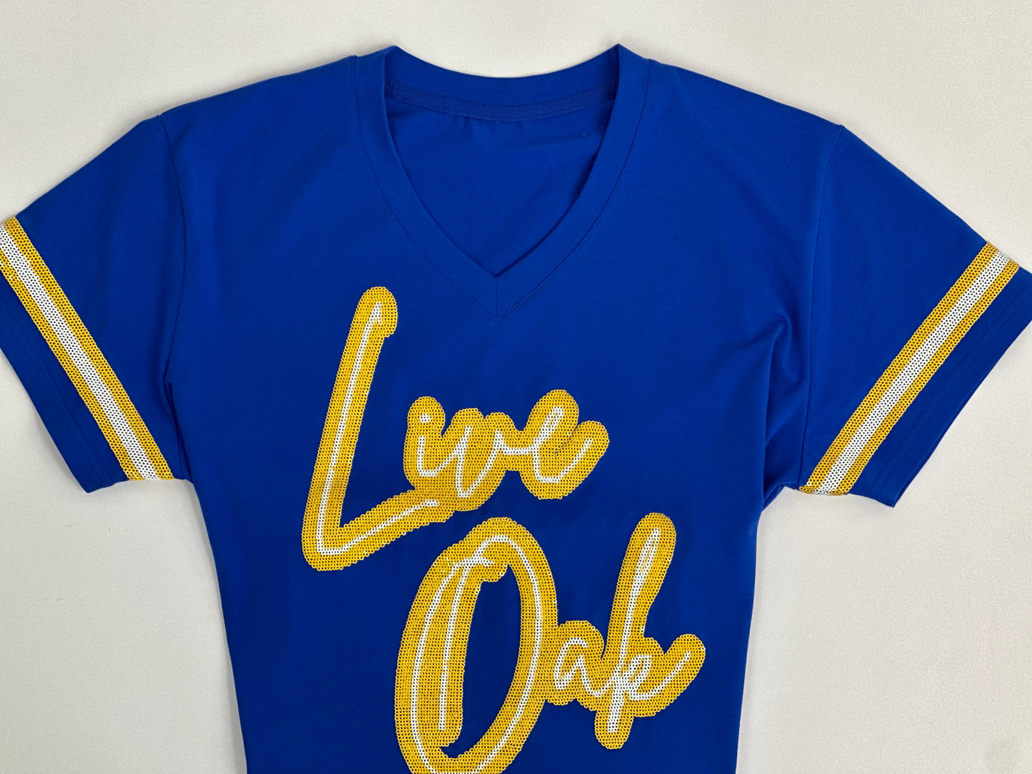 Live Oak | Women's Sequin Design V-Neck Tee (Royal Blue)