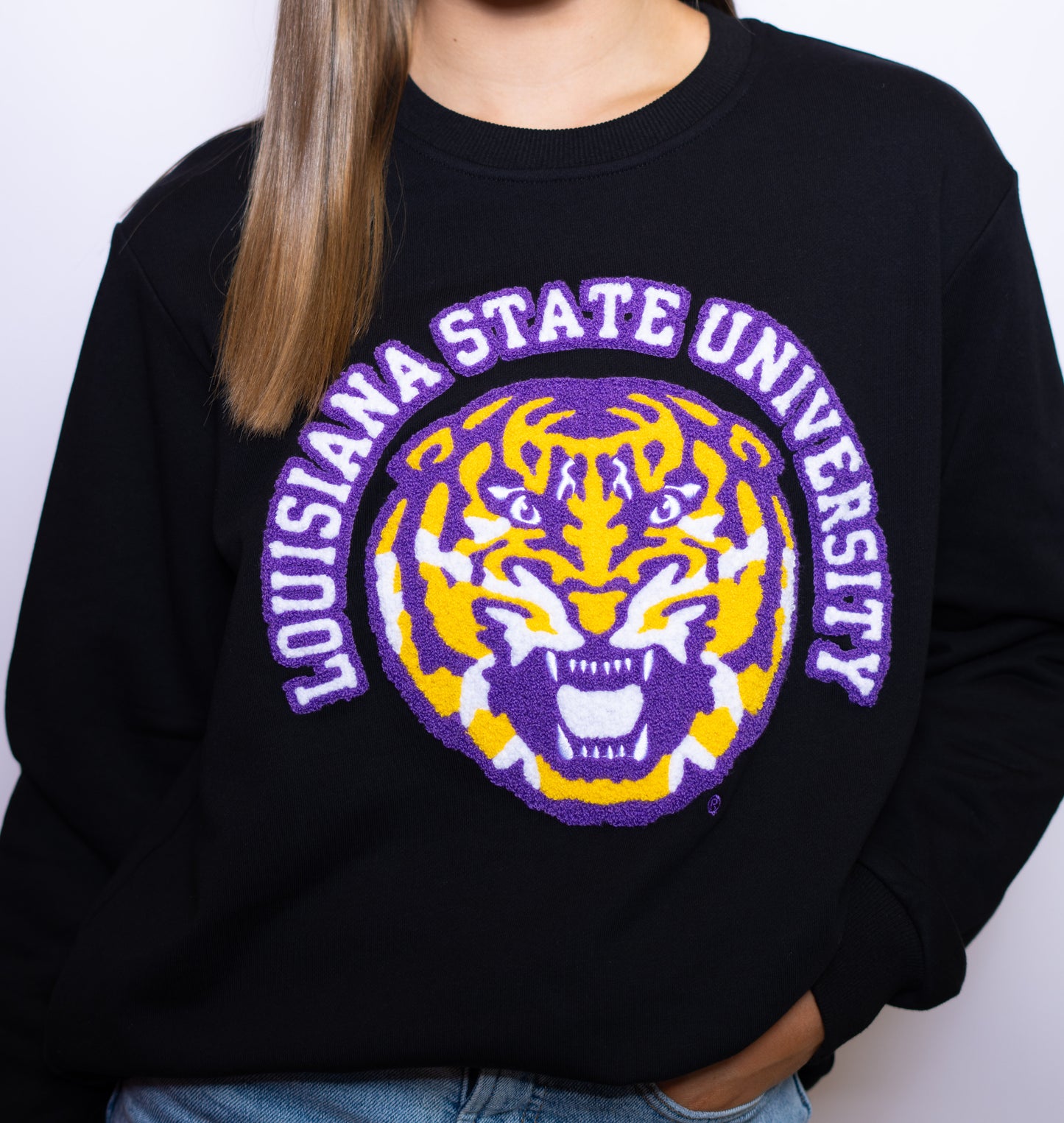 Louisiana State University (Licensed) | Women's Chenille Embroidery Sweatshirt (Black)