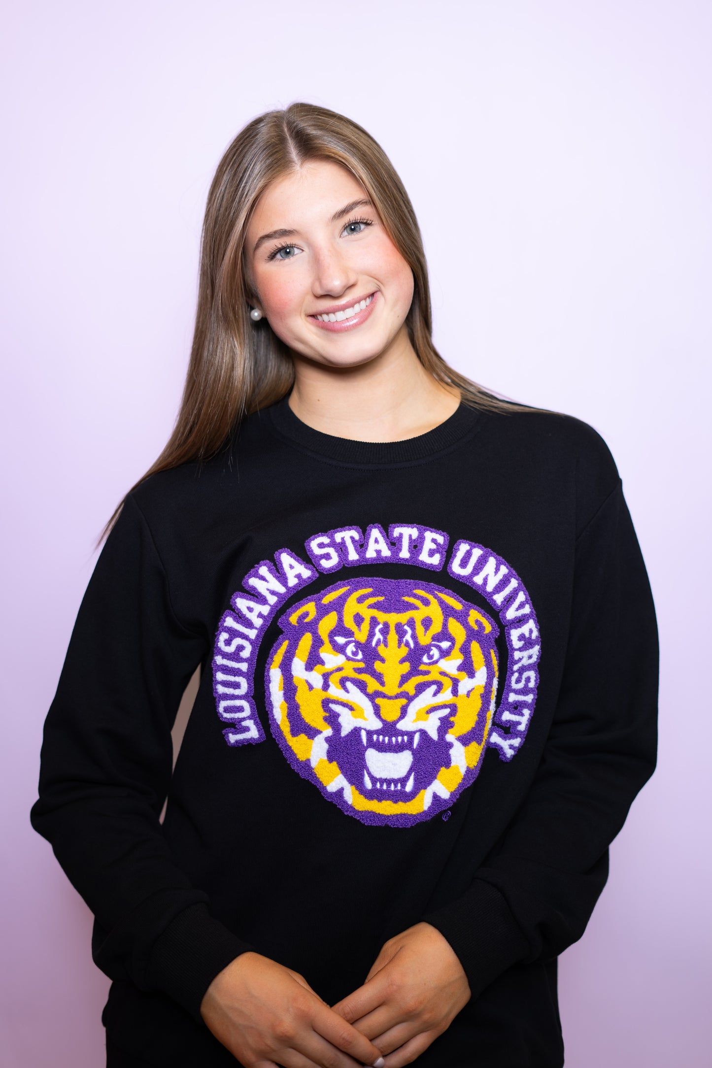 Louisiana State University (Licensed) | Women's Chenille Embroidery Sweatshirt (Black)