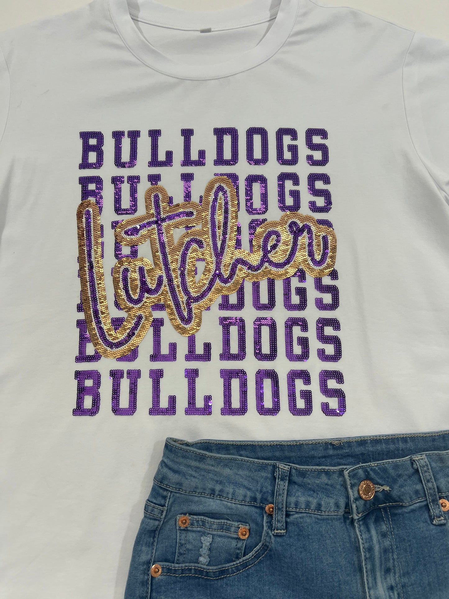 Lutcher Bulldogs | Women's Sequin Design Tee (White)