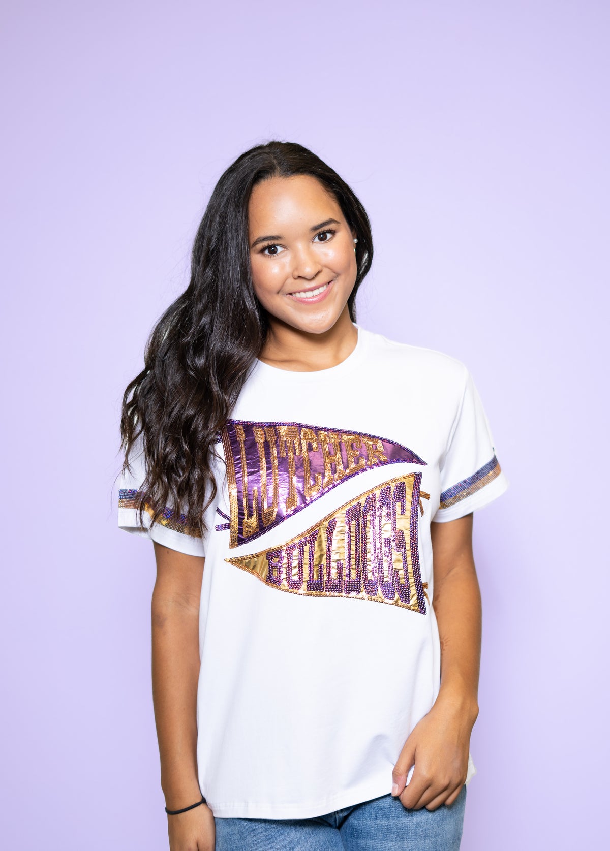 Lutcher Bulldogs Pennant Tee | Women's Sequin Design Tee (White)