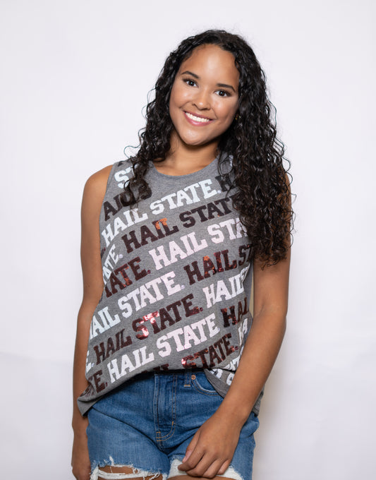 Wholesale | Mississippi State University Hail State Varsity Block (LICENSED) | Women's Sequin Design (Grey)