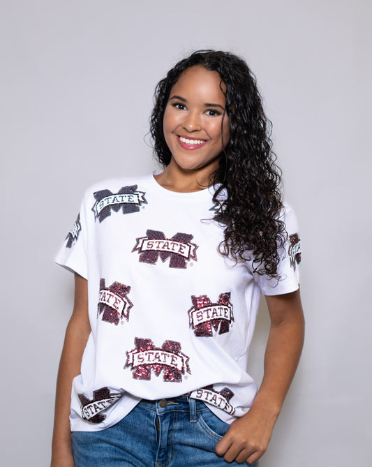 Wholesale | Mississippi State Scattered M Logo (Licensed) | Women's Sequin Design (White)