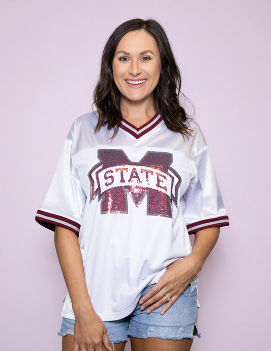 **PRE-ORDER ONLY** Mississippi State (Licensed) | Women's Sequin Design Football Jersey (White)