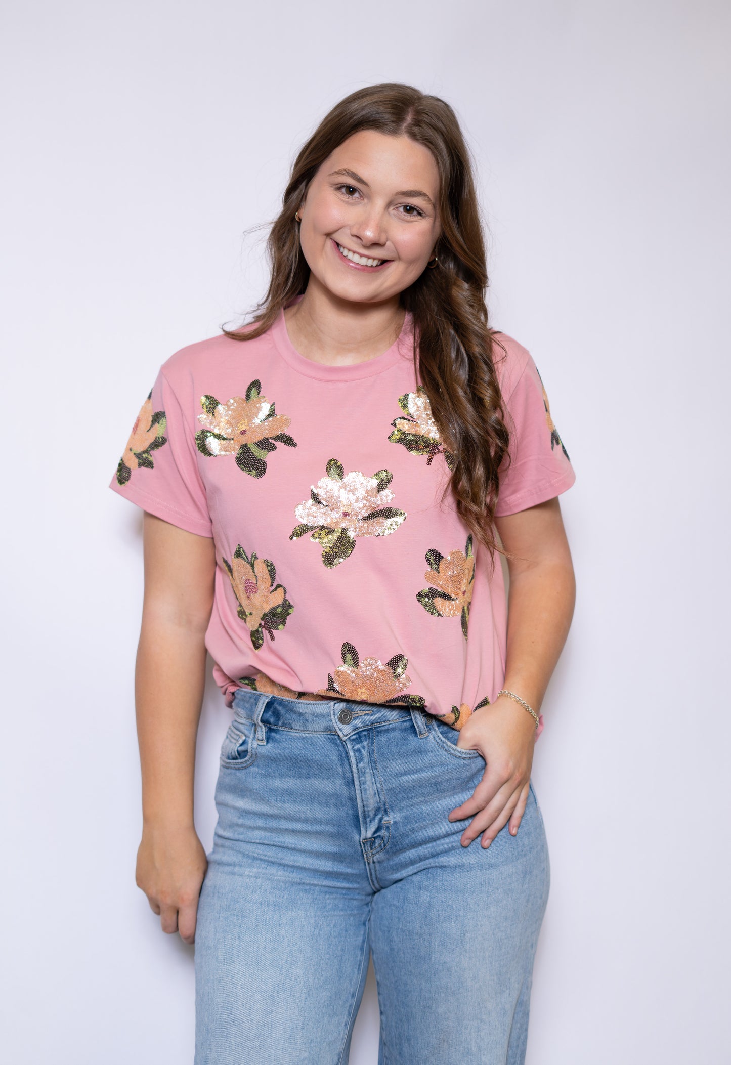 **PRE-ORDER ONLY** Dusty Rose Magnolia | Women's Sequin Design Tee (Dusty Rose)