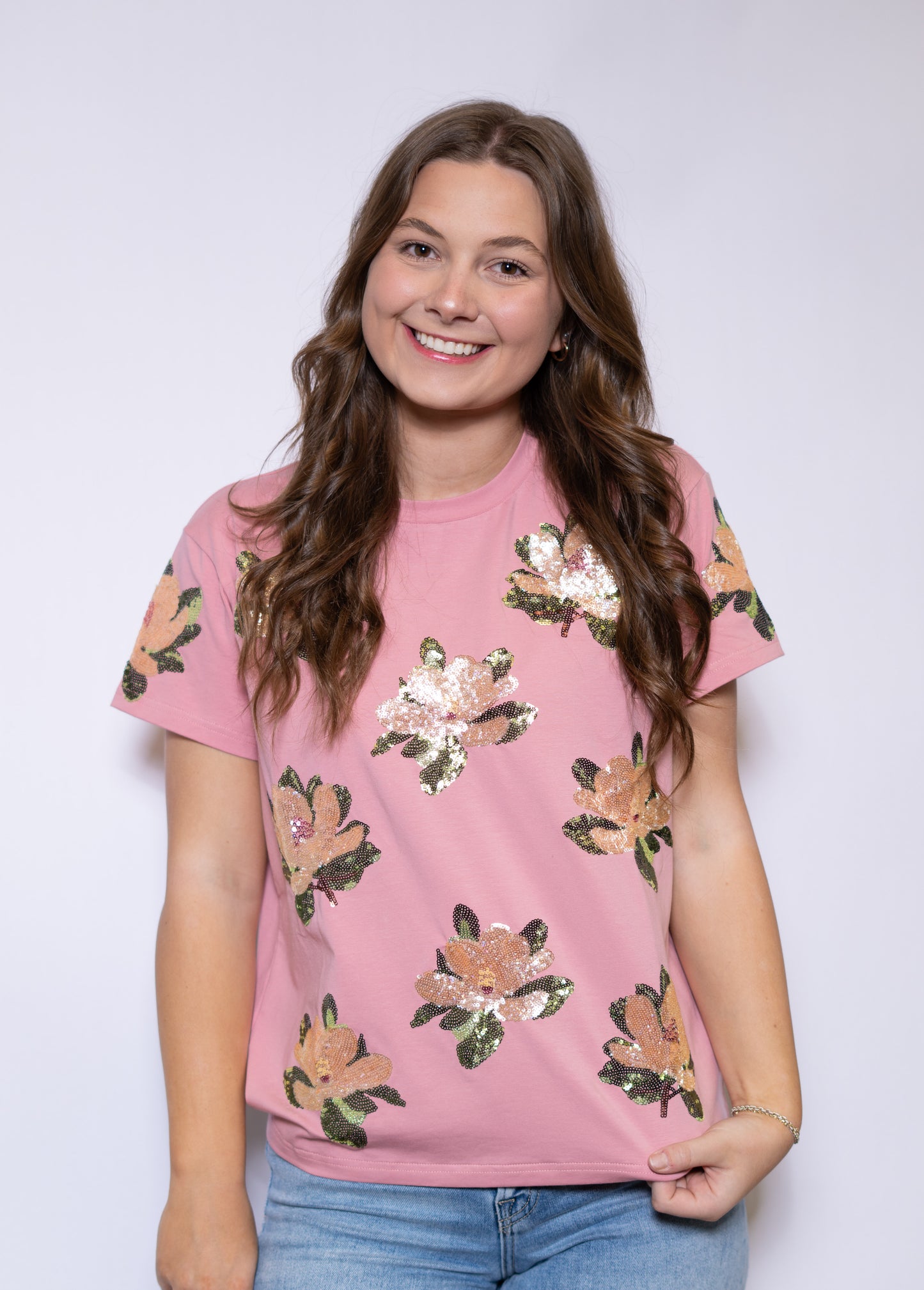 **PRE-ORDER ONLY** Dusty Rose Magnolia | Women's Sequin Design Tee (Dusty Rose)