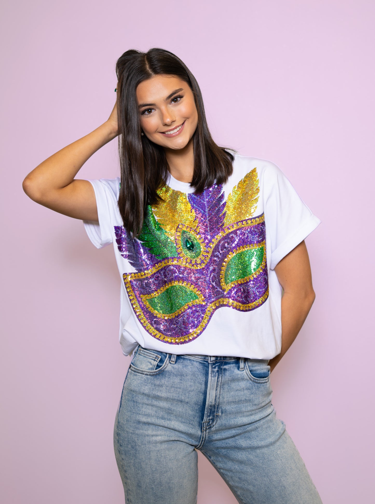 **PRE-ORDER ONLY** Mardi Gras Mask | Women's Sequin Design Cuff Sleeve Tee (White)