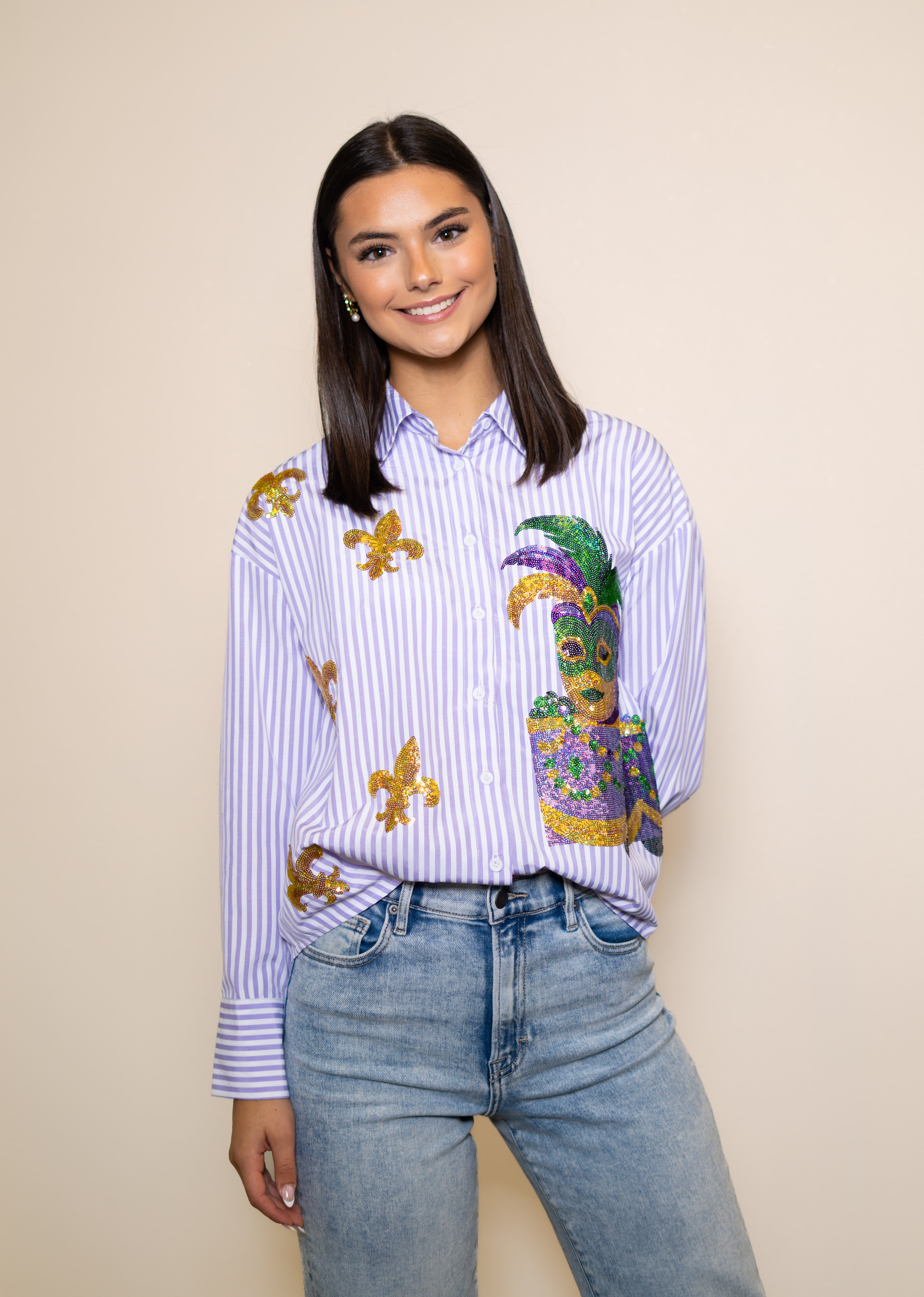 Mardi Gras Float Wrap-Around | Women's Striped Button Down Sequin Shir ...