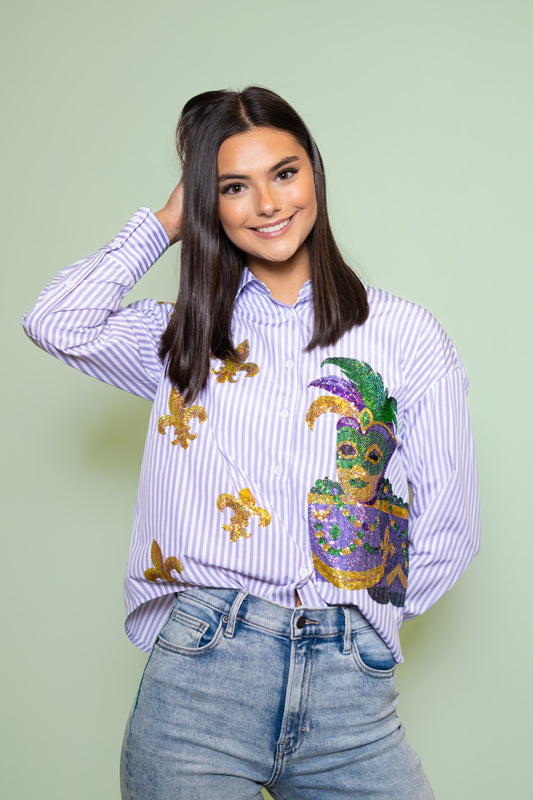 **PRE-ORDER ONLY** Mardi Gras Float Wrap-Around | Women's Striped Button Down Sequin Shirt (Purple)