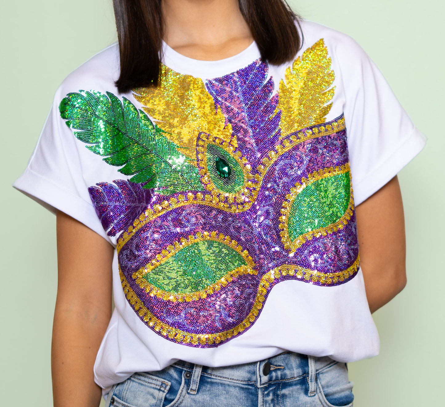 **PRE-ORDER ONLY** Mardi Gras Mask | Women's Sequin Design Cuff Sleeve Tee (White)