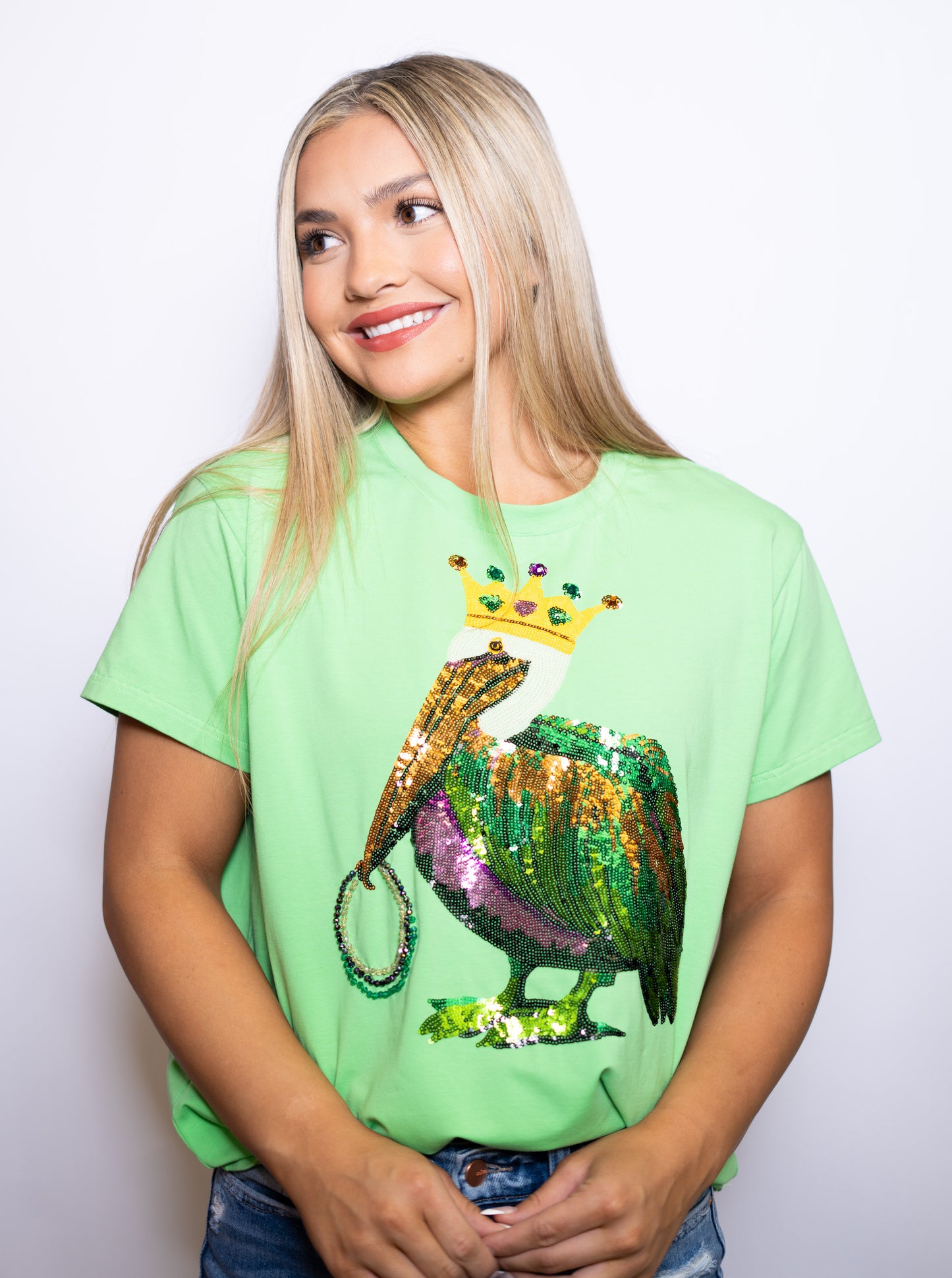 Mardi Gras Pelican | Women's Sequin Design Tee (Green)