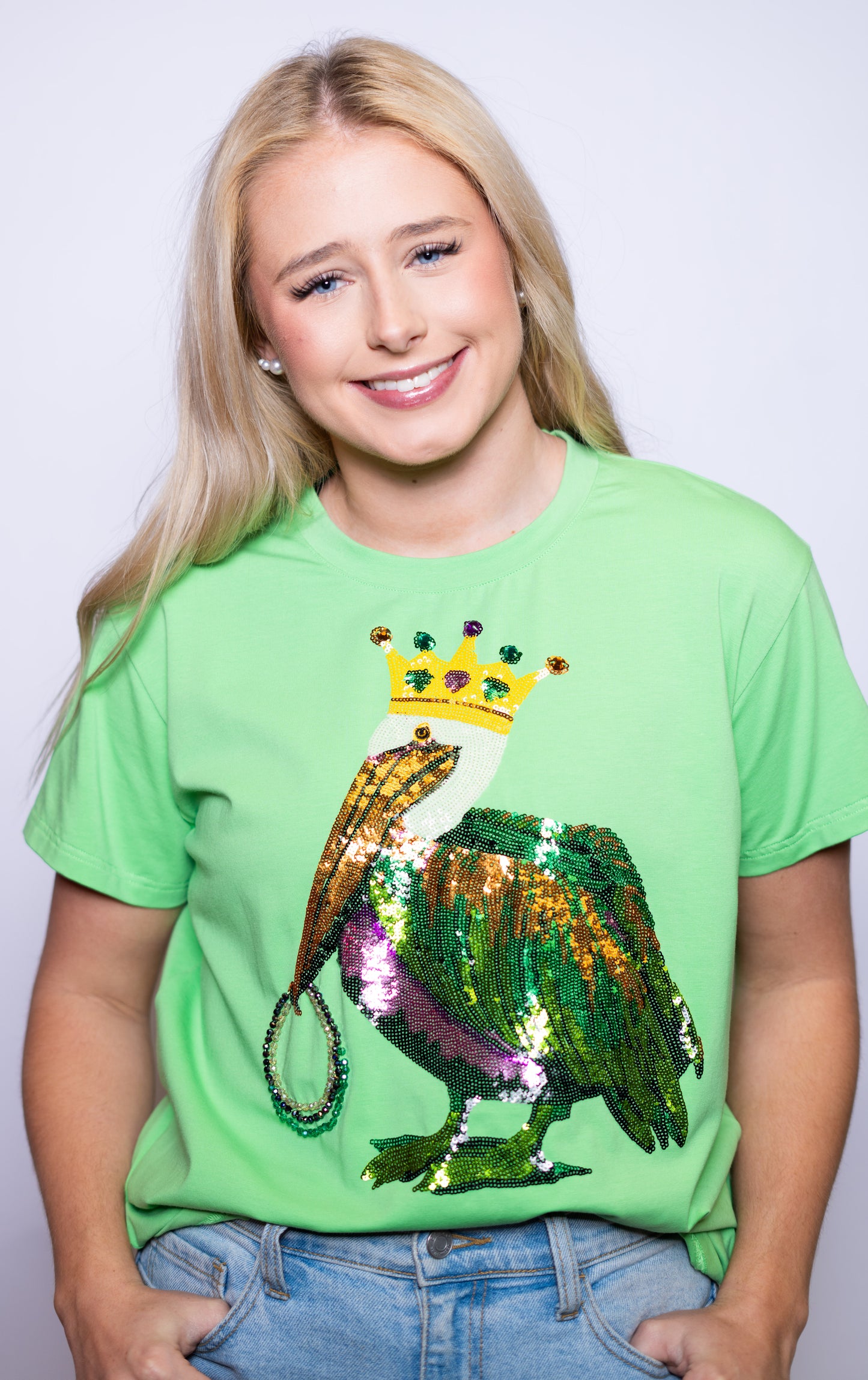 Mardi Gras Pelican | Women's Sequin Design Tee (Green)