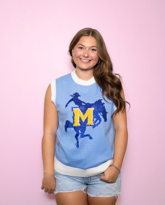 **PRE-ORDER ONLY** McNeese Cowboys (Licensed) | Women's Sequin Design Sleeveless Sweater (Blue)