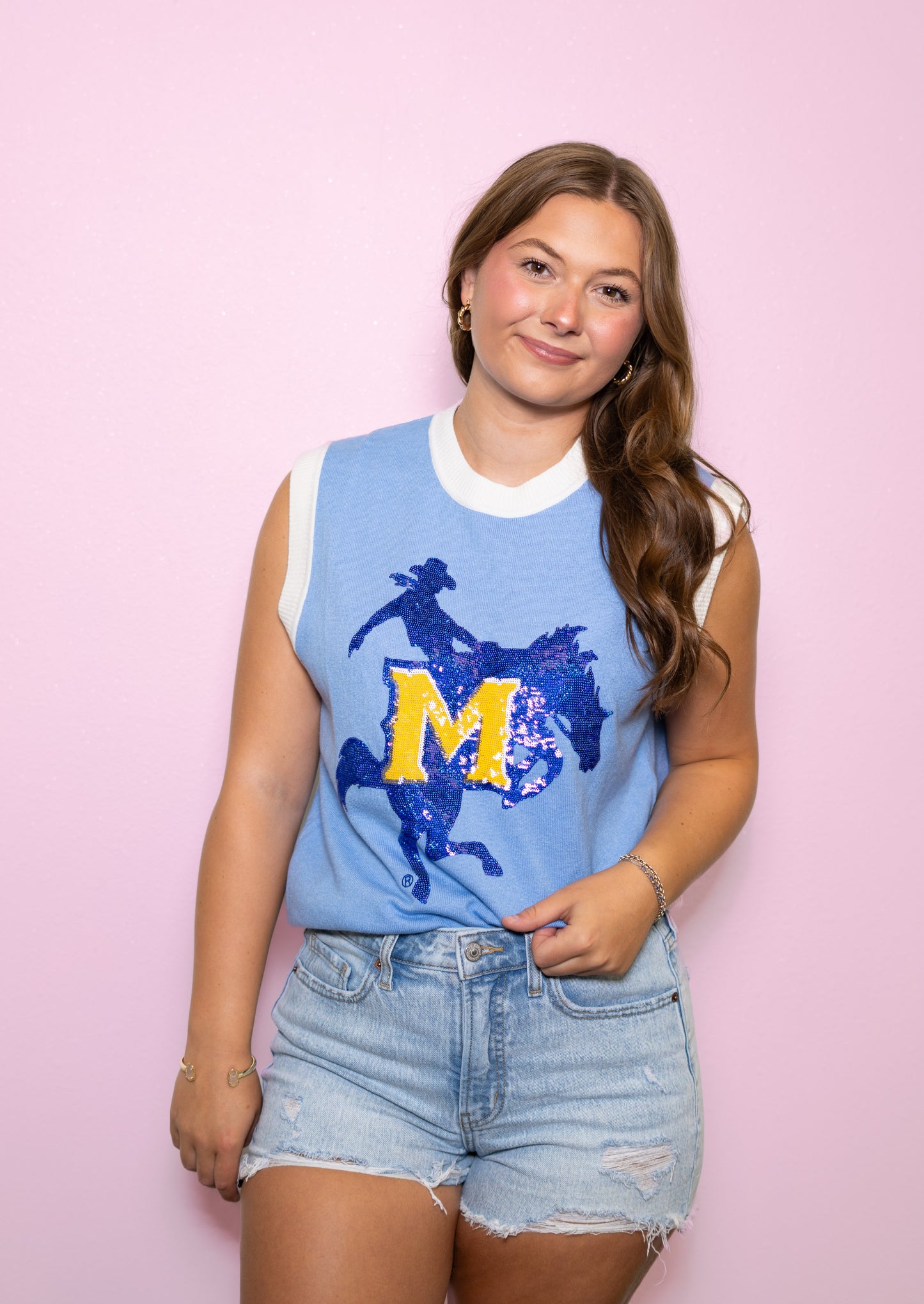 **PRE-ORDER ONLY** Wholesale | McNeese Cowboys (Licensed) | Women's Sequin Design Sleeveless Sweater (Blue)