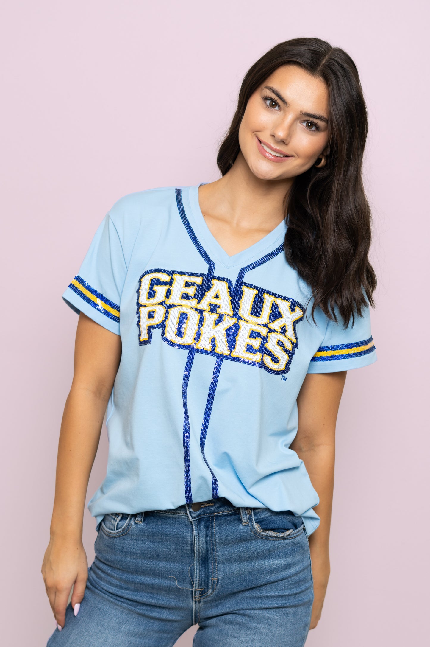 **PRE-ORDER ONLY** McNeese Geaux Pokes (Licensed) | Women's Sequin Embroidery Baseball Jersey Tee (Light Blue)
