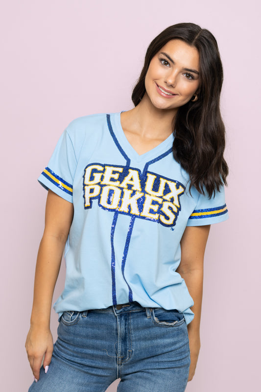 **PRE-ORDER ONLY** McNeese Geaux Pokes (Licensed) | Women's Sequin Embroidery Baseball Jersey Tee (Light Blue)