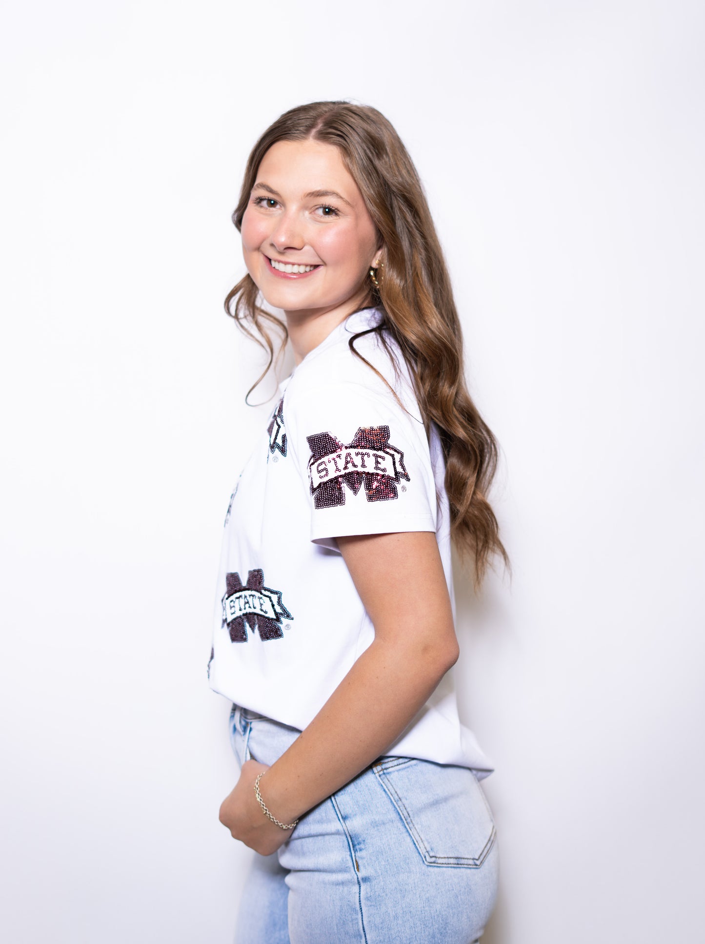 Wholesale | Mississippi State Scattered M Logo (Licensed) | Women's Sequin Design (White)