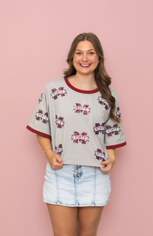 Wholesale | Mississippi State (LICENSED) | Women's Oversized Scattered Crop Tee (Grey)