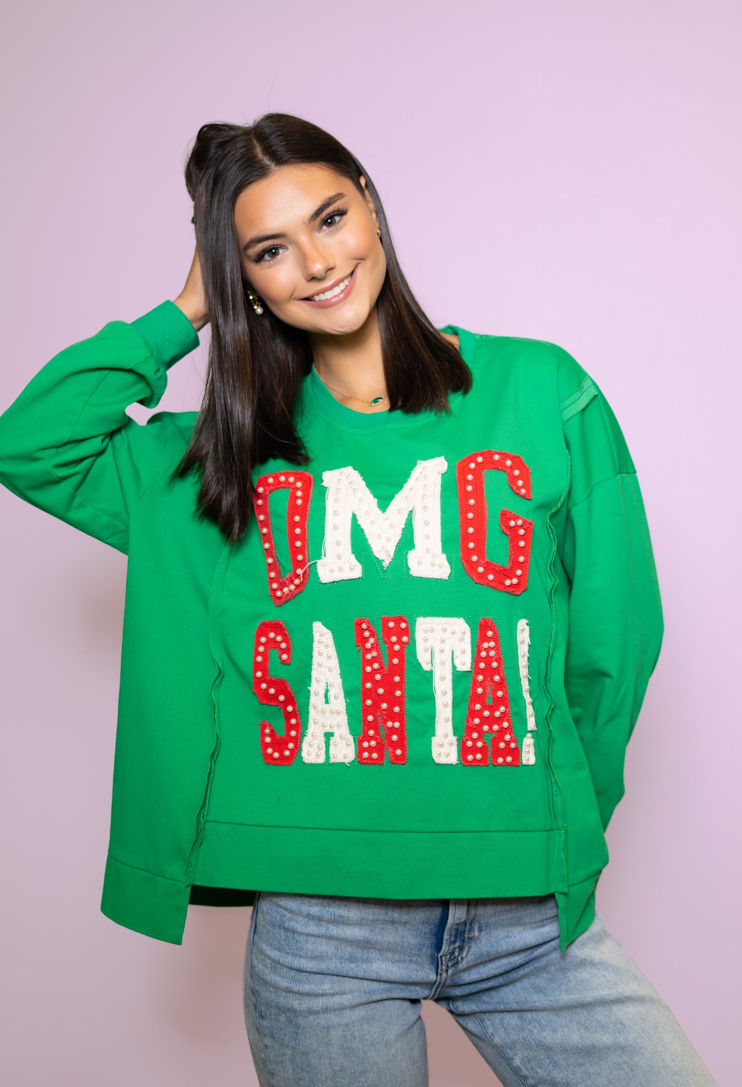 OMG Santa! | Women's Distressed Embroidery Pullover (Green)