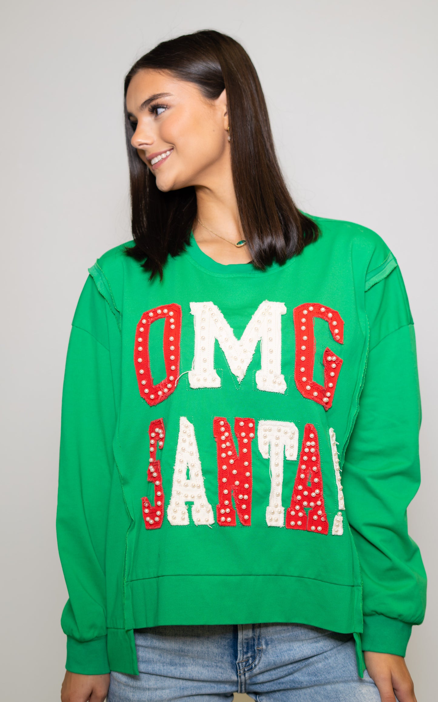 OMG Santa! | Women's Distressed Embroidery Pullover (Green)