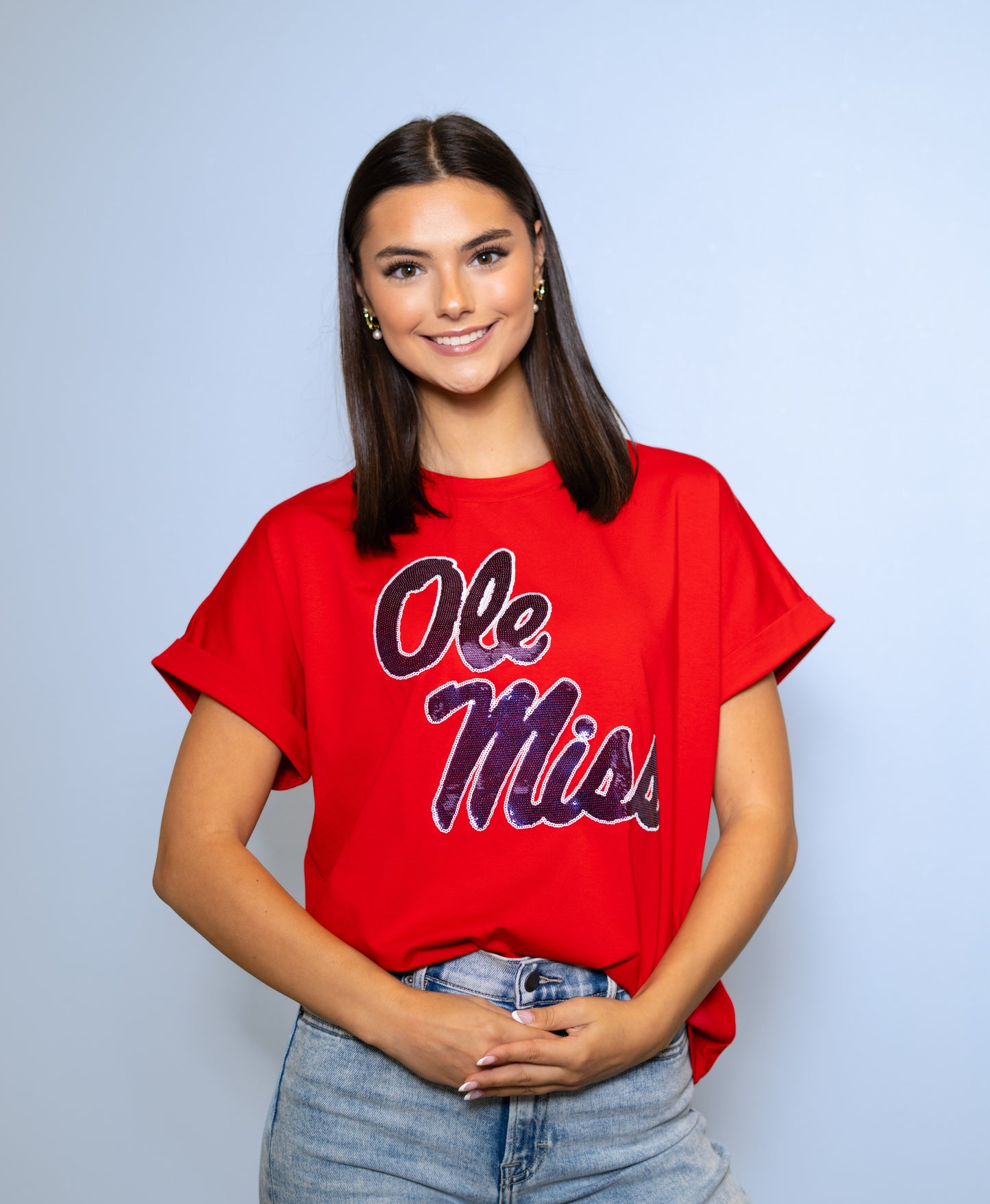Ole Miss (LICENSED) | Women's Sequin Design Cuff Sleeve Tee (Red)