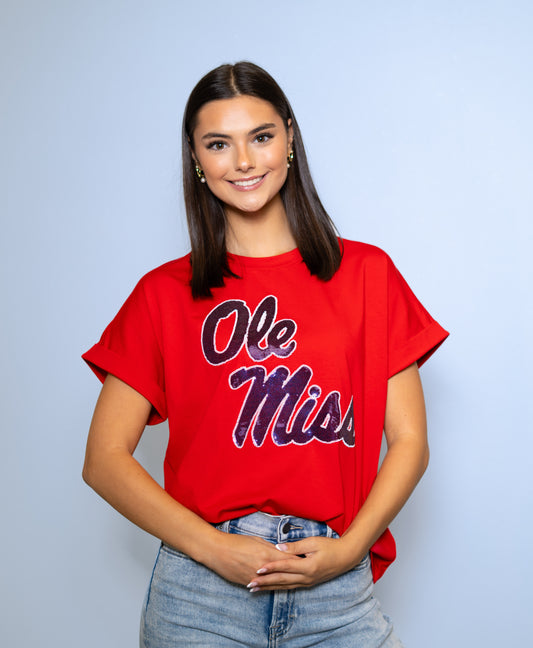 Ole Miss (LICENSED) | Women's Sequin Design Cuff Sleeve Tee (Red)
