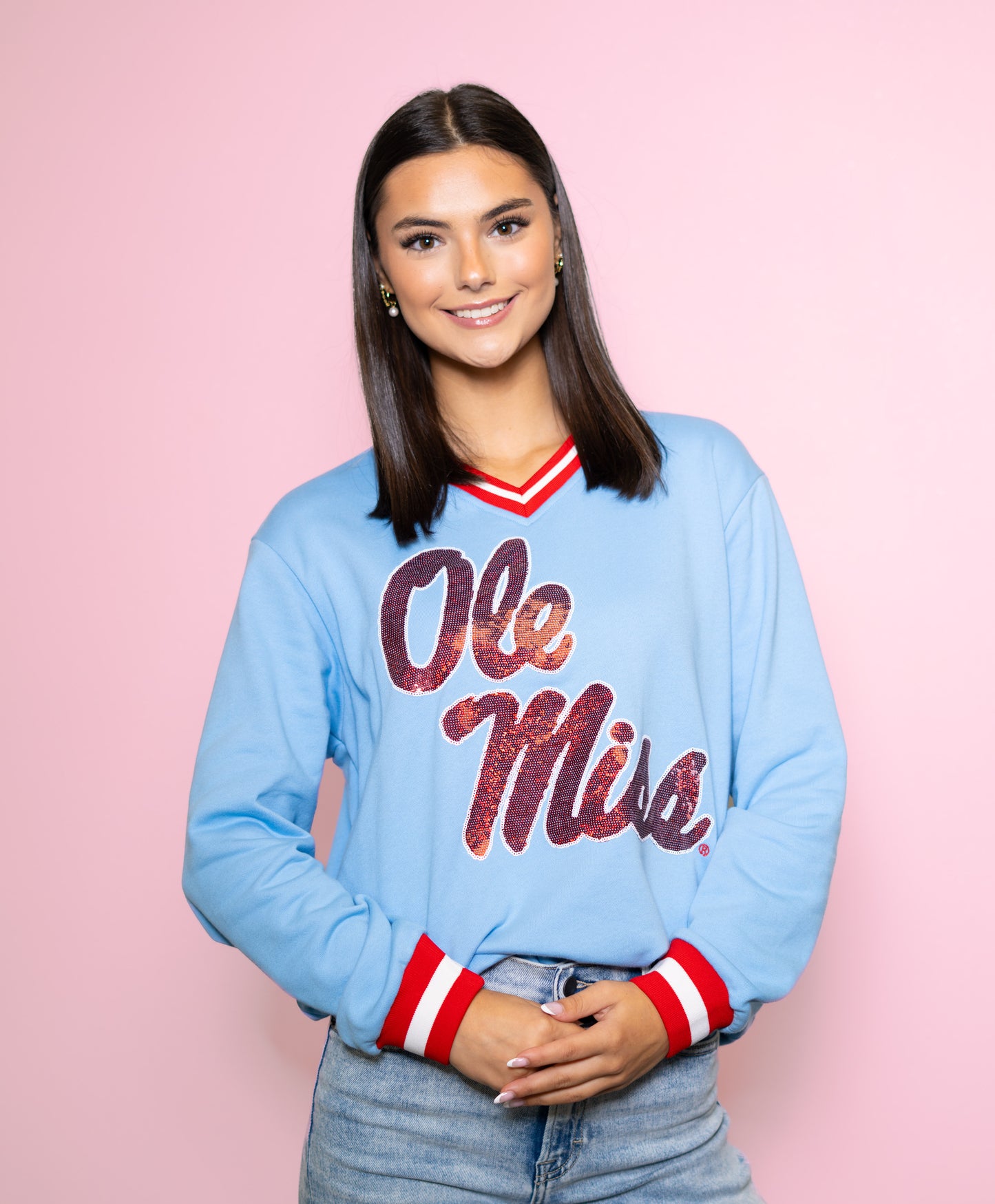 **PRE-ORDER ONLY** Wholesale | Ole Miss (Licensed) | Women's Sequin Design Varsity Stripe Pullover (Blue)