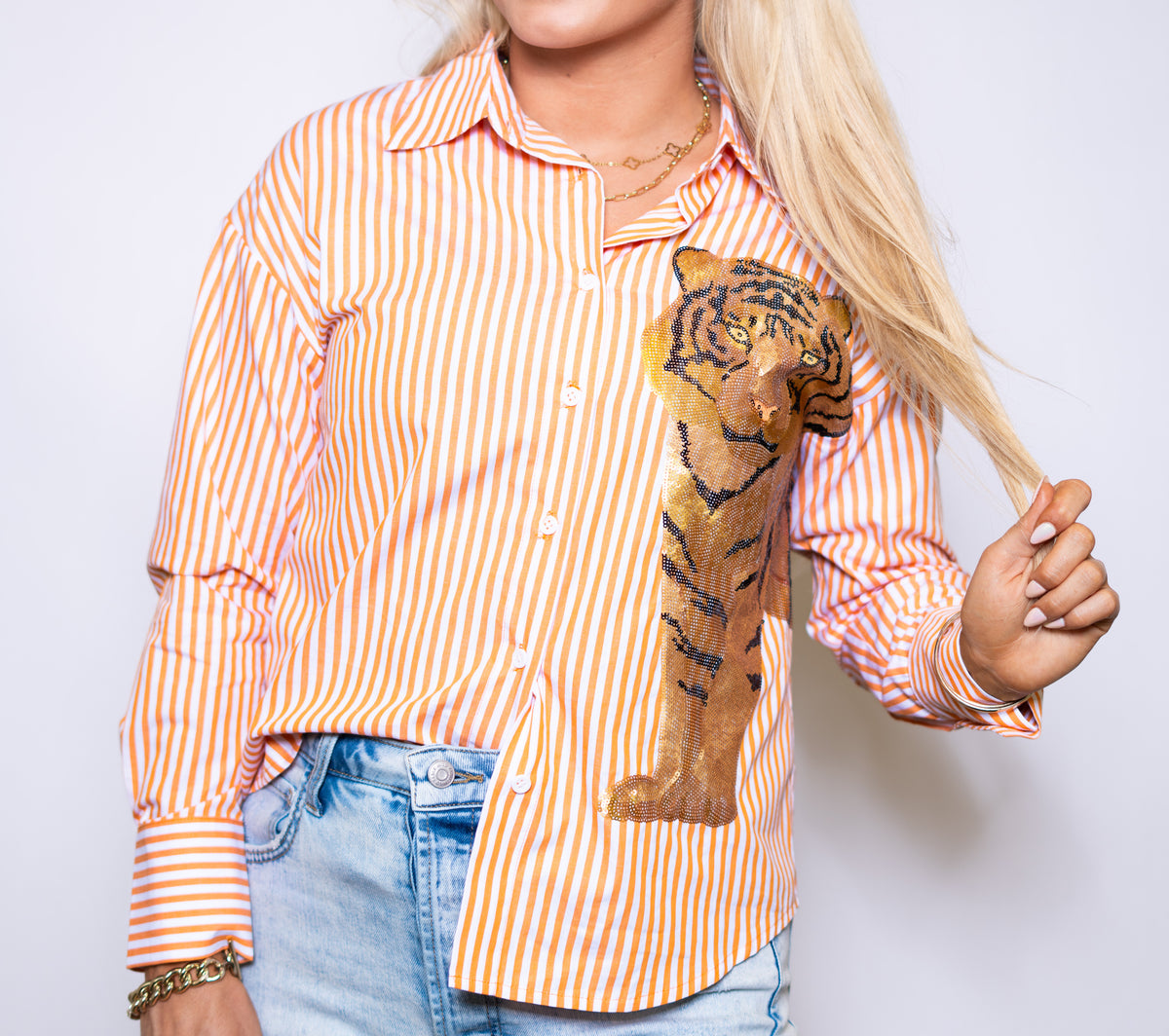 Women's Orange Striped Button Down Sequin Tiger Shirt