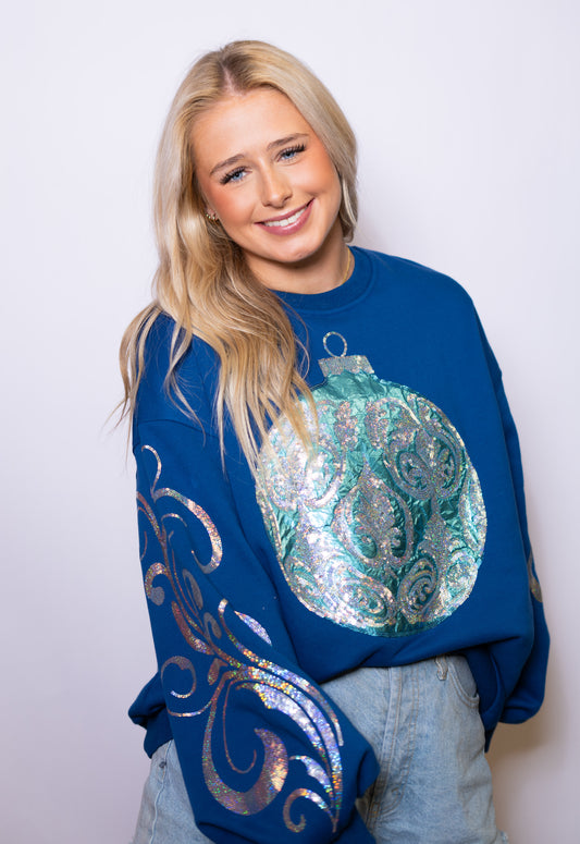 Christmas Ornament | Women's Sequin+Metallic Design Bishop Sleeve Sweatshirt (Blue)