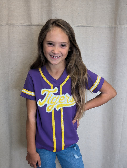 Tigers | Youth Baseball Jersey V-Neck Tee (Purple)