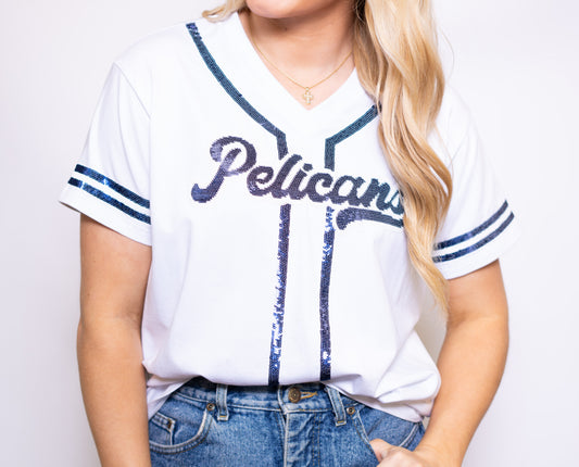 Pelicans | Women's Baseball Jersey V-Neck Tee (White)