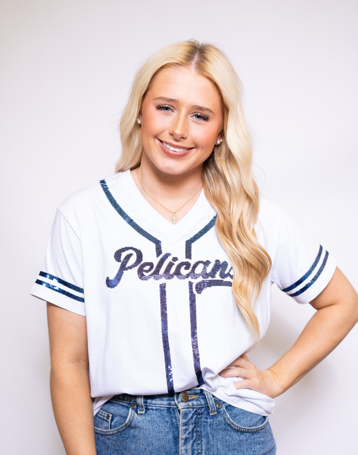 Pelicans | Women's Baseball Jersey V-Neck Tee (White)