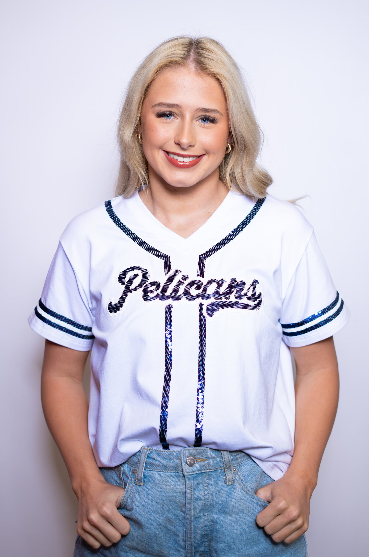 Pelicans | Women's Baseball Jersey V-Neck Tee (White)